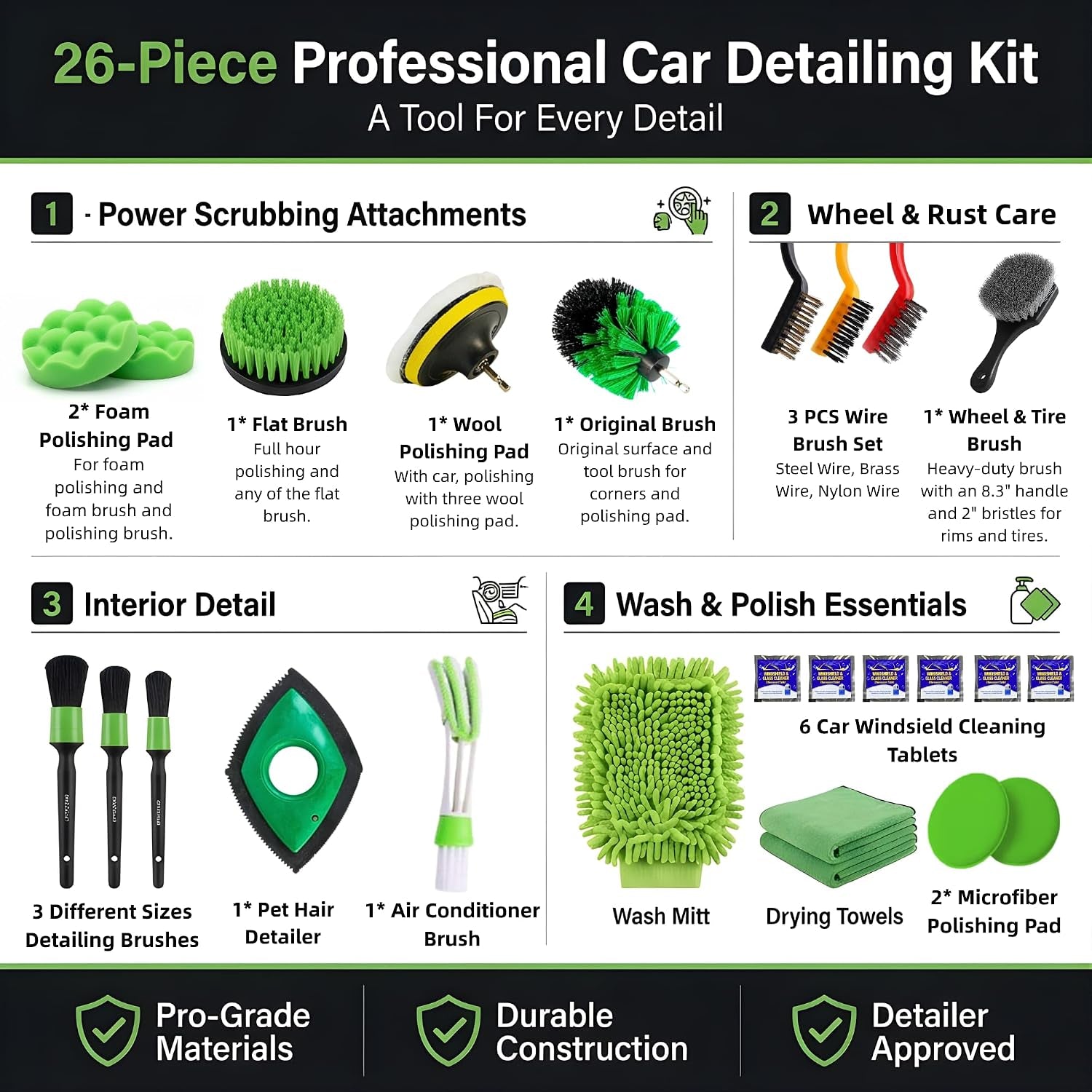 26Pcs Car Detailing Kit – Car Cleaning Kit, Drill Brush for Car Seats Detailing, Car Detailing Brush Set, Car Cleaning Supplies, Car Wash Mitt, Car Wash Brush, Car Wash Sponges, Wheel Brush