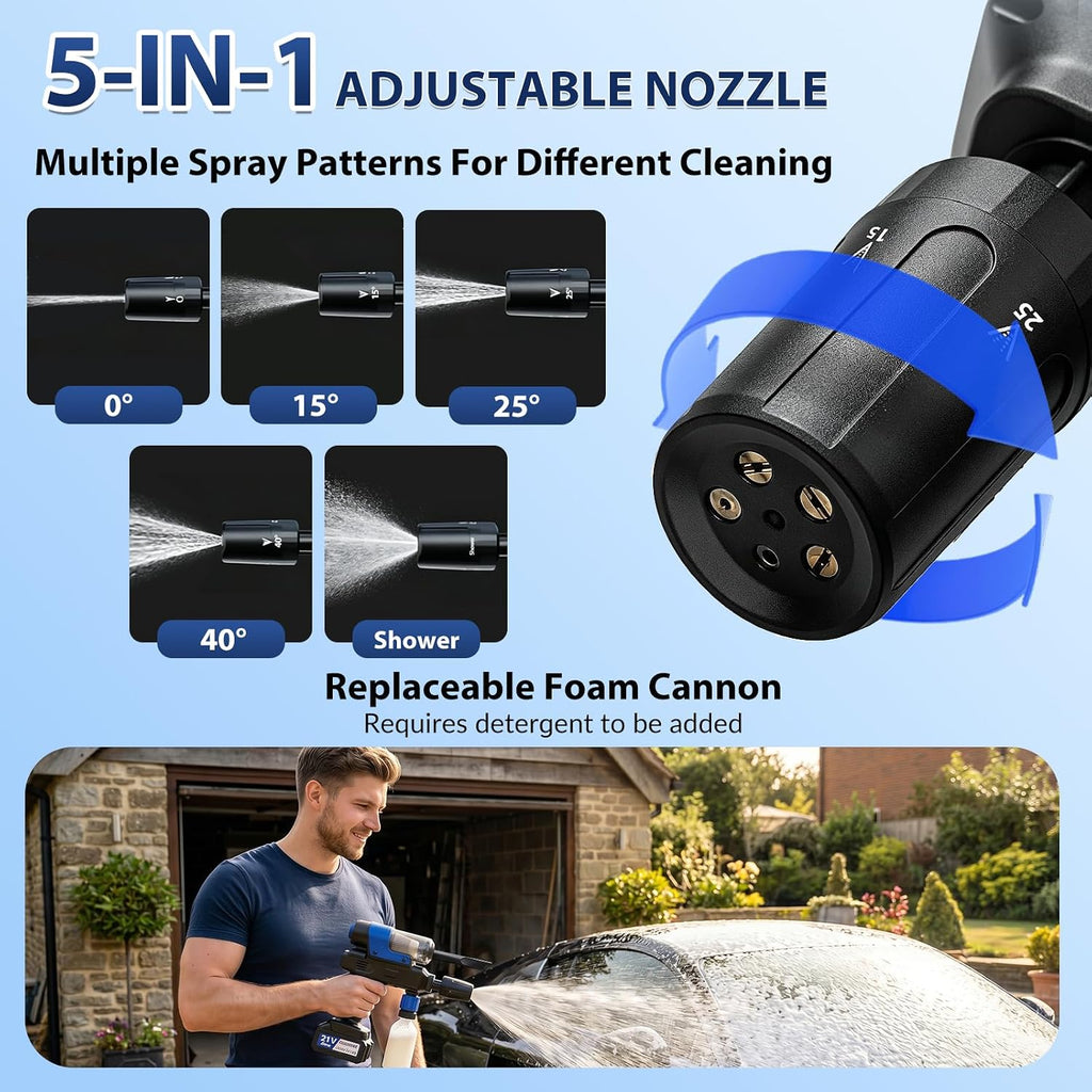 Cordless Pressure Washer, Multifunctional Power Washer for Wash,Blow,Vacuum | Portable Pressure Washer with 2*21V Batteries, 5-In-1 Nozzle, Battery Powered Pressure Washer for Car, Patio & Home Cleaning