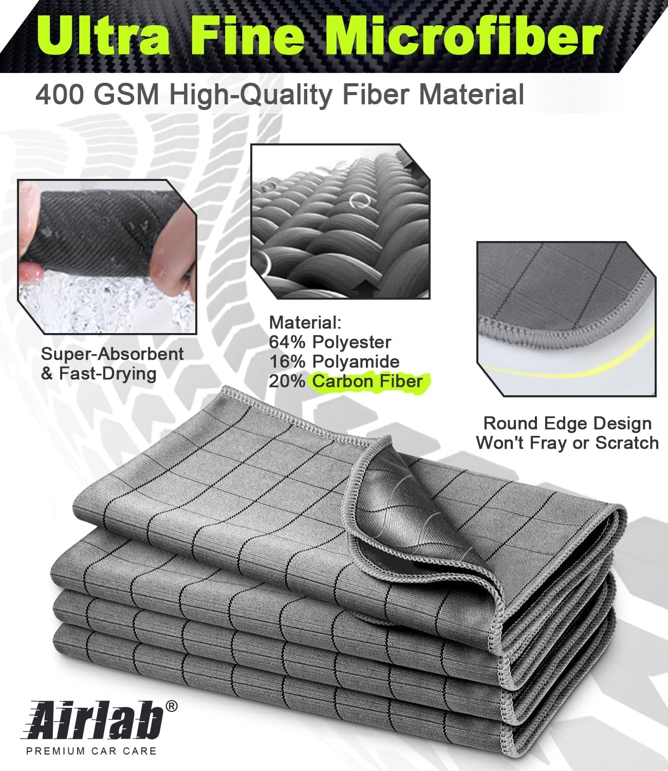 Carbon Microfiber Towels for Car Drying Window Glass Cleaner Magic Cleaning Cloth Auto Detailing Car Wipes Lint Free Rags Large Towel Interior Detailer, Pack of 4, 20" X 16", Grey