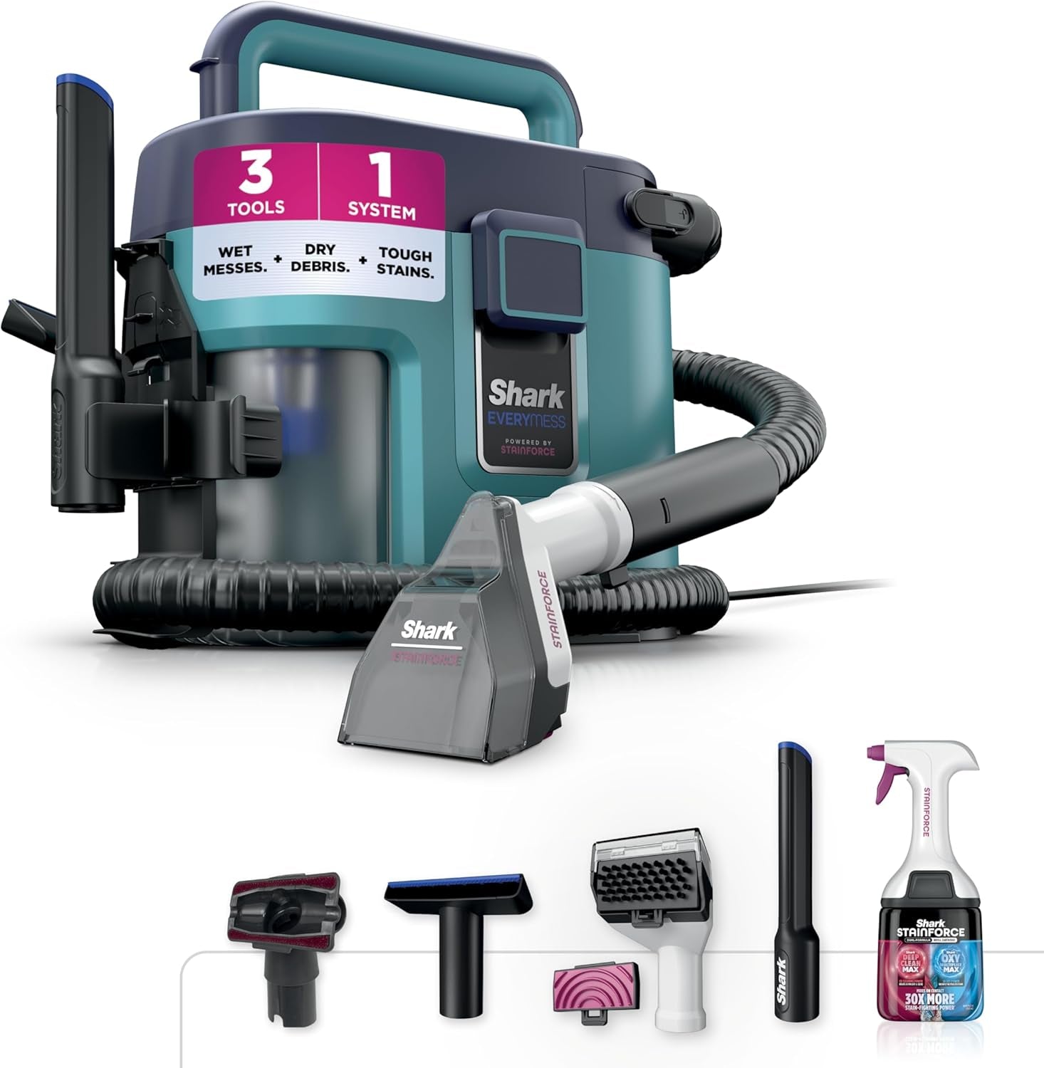 Shark Everymess™ | Ultra-Powerful 3-In-1 Wet Vac, Dry Vac, & Stain Eliminator | Stainforce Technology, Perfect for Homes, Pets, and Cars | 3 Accessories and Cleaning Solution | Blue | VX102BRN